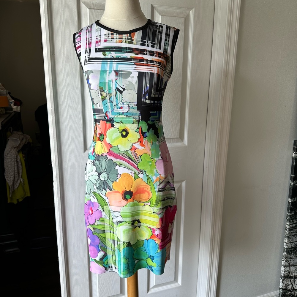 Super fun colorful sleeveless fitted dress size medium fits like a four